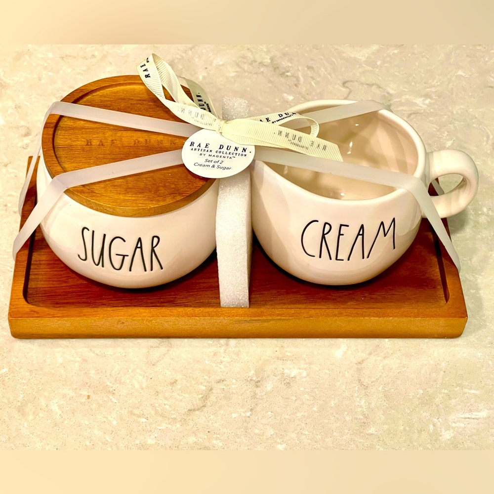 New Rae Dunn Sugar and Cream Set in  wood holder sugar has wood lid, great gift